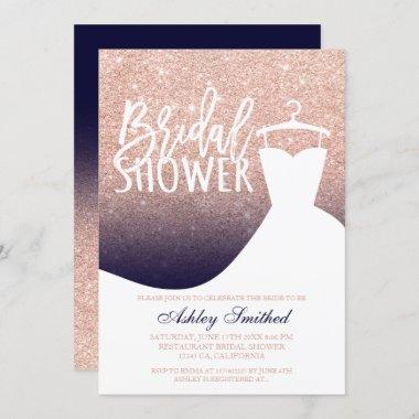 Rose gold glitter navy blue dress Bridal shower Invitations