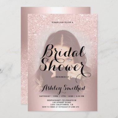 Rose gold glitter ombre foil photo bridal shower Invitations