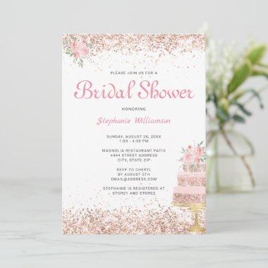 Rose Gold Glitter Pink Floral Cake Bridal Shower Invitations