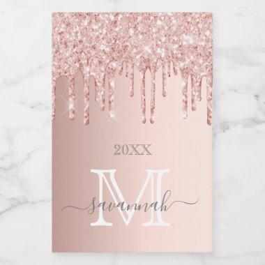 Rose gold glitter pink sparkle monogram glam wine label