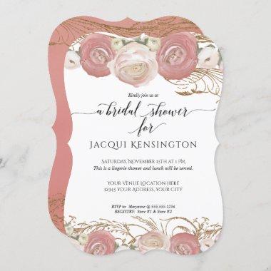 Rose Gold Glitter Pink White Floral Bridal Shower Invitations