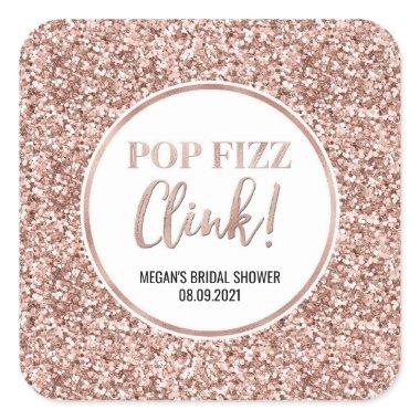 Rose Gold Glitter Pop Fizz Clink Bridal Shower Square Sticker