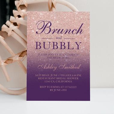 Rose gold glitter purple brunch bubbly bridal Invitations