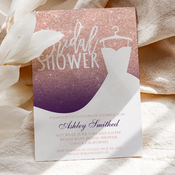 Rose gold glitter purple chic dress Bridal shower Invitations