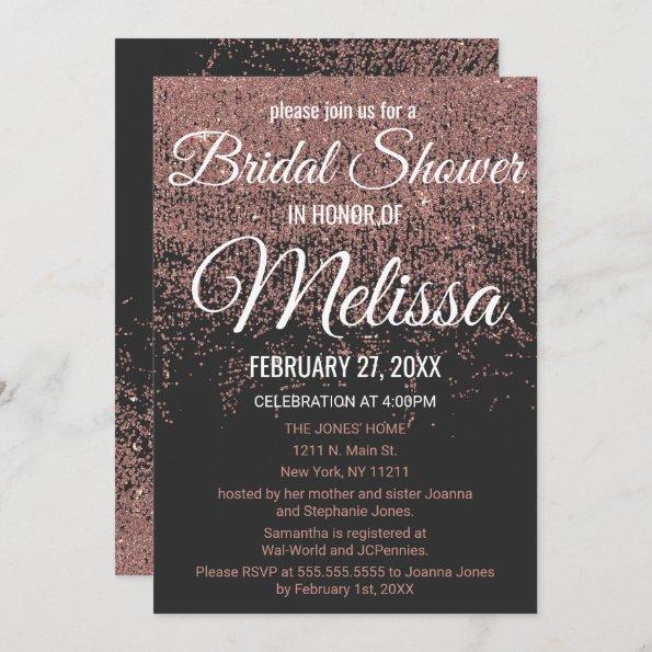 Rose Gold Glitter Sparkles Black Bridal Shower Invitations