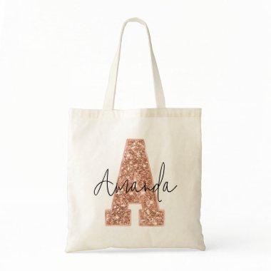 Rose Gold Glitter Varsity Letter Monogram A Tote Bag