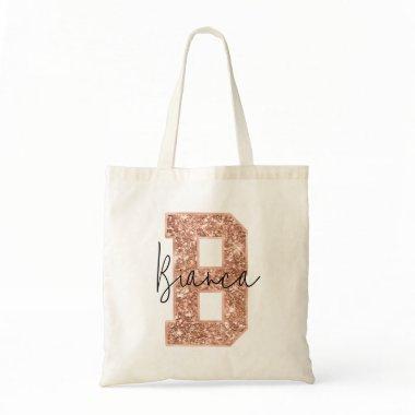 Rose Gold Glitter Varsity Letter Monogram B Tote Bag