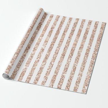 Rose Gold Glitter White Stripes Wrapping Paper
