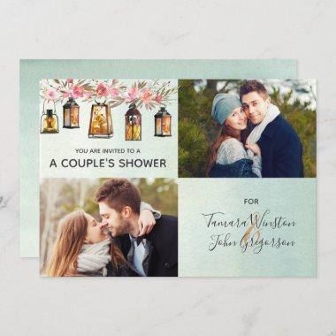 Rose Gold Lantern Floral Watercolor Couples Shower Invitations