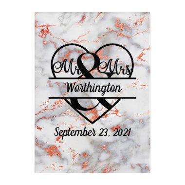 Rose Gold Marble Mr. and Mrs. Heart Wedding Gift Acrylic Print