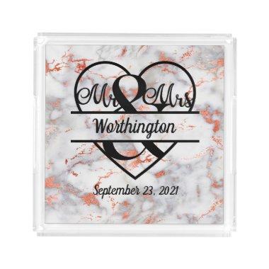 Rose Gold Marble Mr. and Mrs. Heart Wedding Gift Acrylic Tray