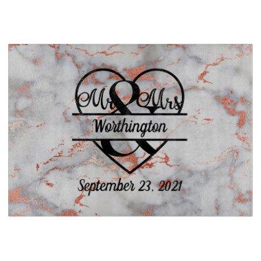 Rose Gold Marble Mr. and Mrs. Heart Wedding Gift Cutting Board