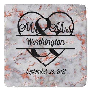 Rose Gold Marble Mr. and Mrs. Heart Wedding Gift  Trivet