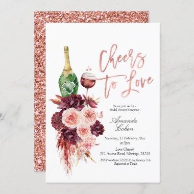 Rose Gold Marsala Floral Cheers to Love Invitations