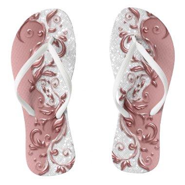 Rose Gold Metallic Floral & White Glitter Flip Flops