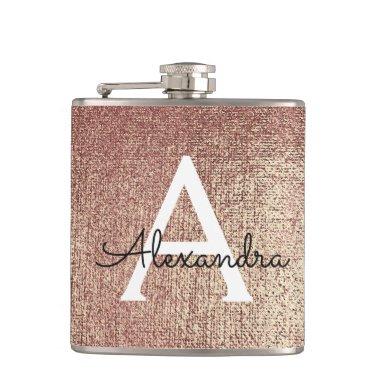 Rose Gold Metallic Foil Glam Monogram Initial Flask