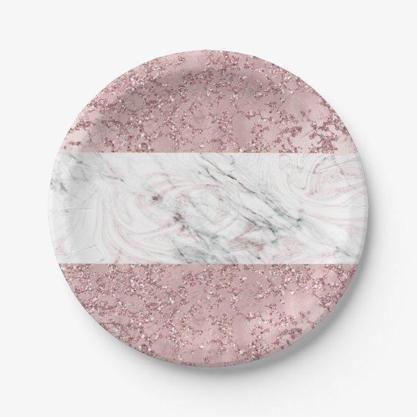 Rose Gold Modern Glam Marble & Glitter Decorative Paper Plates