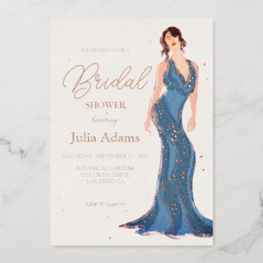 Rose Gold Modern Wedding Dress Bridal Shower Foil Invitations