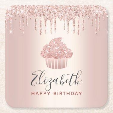 Rose gold monogram name cupcake glitter drips glam square paper coaster