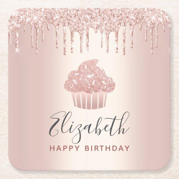 Rose gold monogram name cupcake glitter drips glam square paper coaster