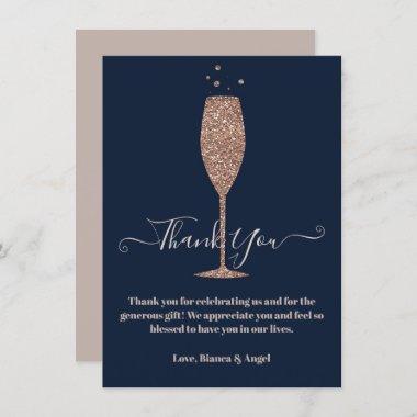 Rose Gold Navy Champagne Bubbly Bridal Thank You Invitations