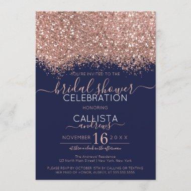 Rose Gold Navy Glitter Confetti Bridal Shower Invitations