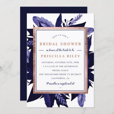 Rose gold navy watercolor floral bridal shower Invitations