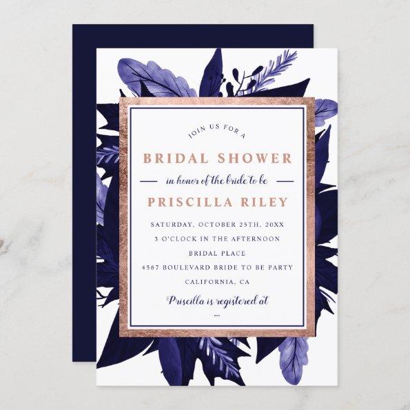 Rose gold navy watercolor floral bridal shower Invitations