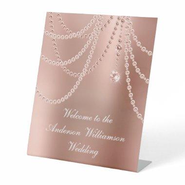 Rose Gold Pearls Diamonds Wedding Welcome Pedestal Sign