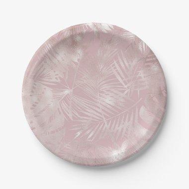 Rose Gold Pink Botanical Tropical Palm Tree Leaves Paper Plates