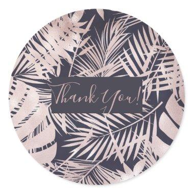 Rose Gold Pink Dark Tropical Palm Tree Leaves Classic Round Sticker