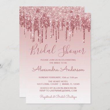 Rose Gold Pink Dripping Glitter Bridal Shower Invitations