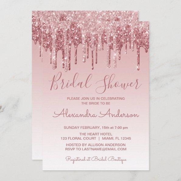 Rose Gold Pink Dripping Glitter Bridal Shower Invitations