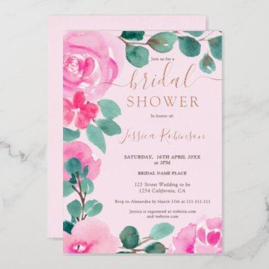 Rose Gold pink floral watercolor bridal shower Foil Invitations