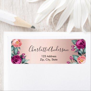 Rose gold pink flowers purple return address label