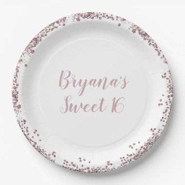 Rose Gold Pink Glitter Glam Edge Sweet 16 Party Paper Plates