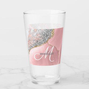 Rose Gold Pink Glitter Marble Monogram Name Script Glass