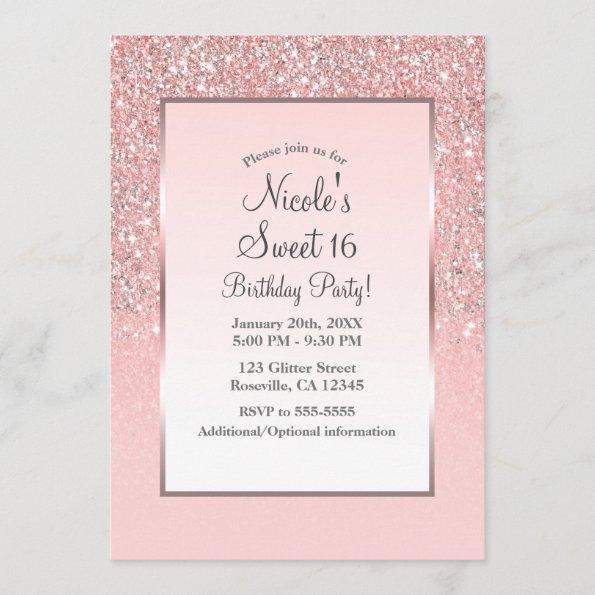 Rose Gold Pink Glitter Shine Sweet 16 Party Invitations