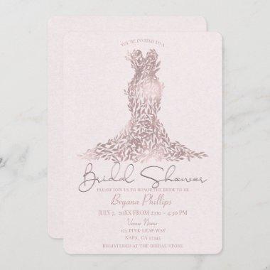 Rose Gold Pink Leaves Glam Dress Bridal Shower Invitations