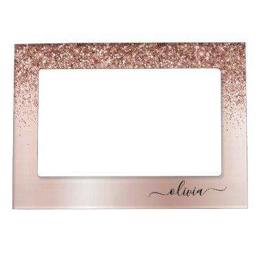 Rose Gold Pink Monogram Glitter Sparkle Girly Magnetic Frame