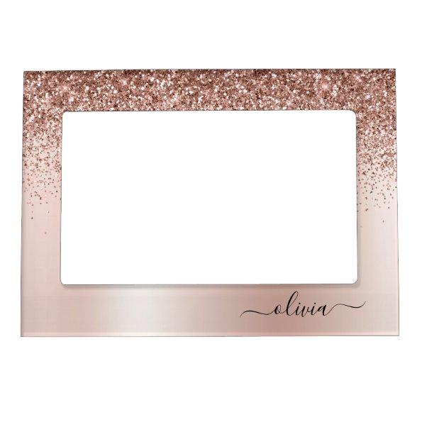Rose Gold Pink Monogram Glitter Sparkle Girly Magnetic Frame