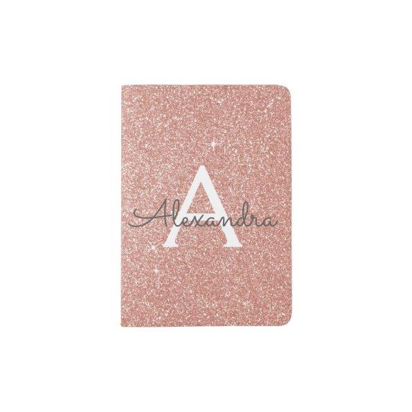 Rose Gold - Pink Sparkle Glitter Monogram Name Passport Holder
