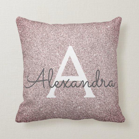 Rose Gold - Pink Sparkle Glitter Monogram Name Throw Pillow