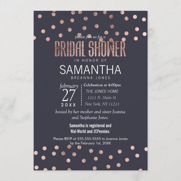 Rose Gold Polka Dots and Navy Blue Bridal Shower Invitations
