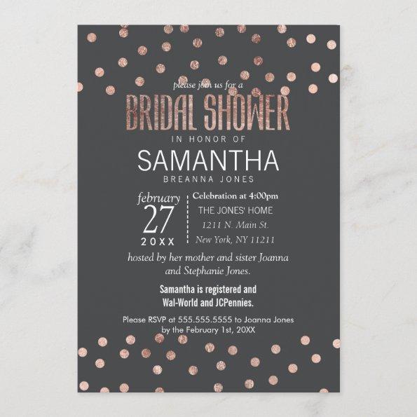 Rose Gold Polka Dots Charcoal Black Bridal Shower Invitations