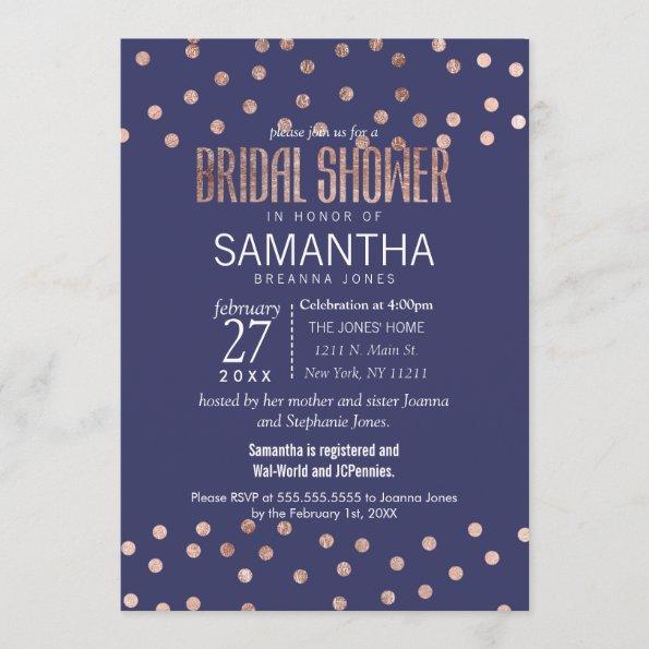 Rose Gold Polka Dots Light Navy Blue Bridal Shower Invitations