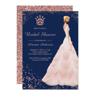 Rose Gold Princess Dress Blue Bridal Shower Invitations