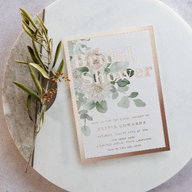 Rose Gold Sage Green White Floral Bridal Shower Foil Invitations