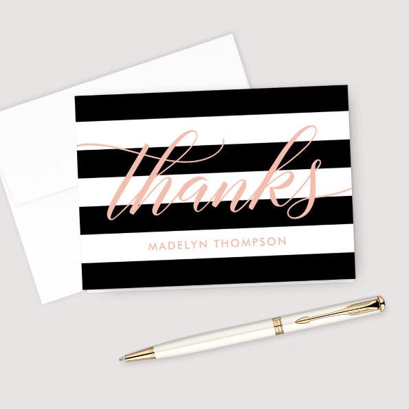 Rose Gold Script Black and White Stripes Wedding Thank You Invitations