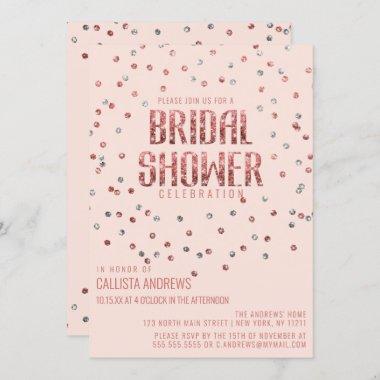 Rose Gold Silver Glitter Confetti Bridal Shower Invitations